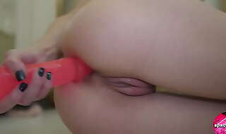 Girl anal masturbation pink dildo closeup