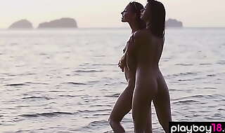 Petite brunette bikini babes stripping at the beach