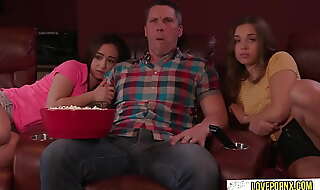 TWO step daughter HAVE FUN with dad watching movie