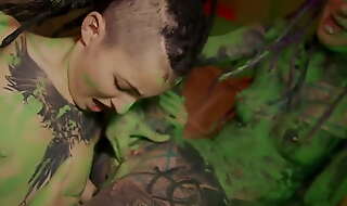 Two cute tattooed dreadgirlz getting wild while painting the room - squirting