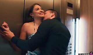 Latina neighbor Gizelle Blanco fucks 2 guys at the same time in an elevator