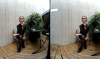 VRpussyVision.com - Young girl smokes topless and in leather skirt