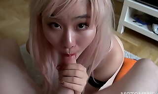 Perfect asian teen in a pink cosplay wig makes a homemade amateur sex-tape and gets a facial