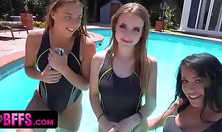 Perfect assed wet teens win a swimming competition and reward their horny coach with a triple fuck