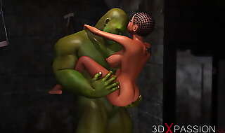 Young horny ebony slave gets fucked by big green monster in the dungeon