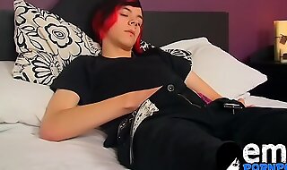 Emo homosexual teases and starts flogging his uncut cock