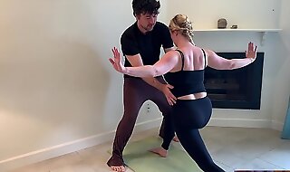 Stepson helps stepmom adjacent to yoga and stretches say no to pussy