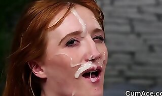 Frying beauty gets cum albatross on her face eating all eradicate affect jism