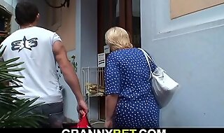 Blonde 80 years old granny pleases young stranger