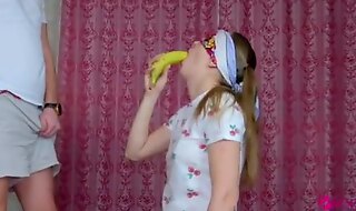 Step Brother tricked his sister when she passed a challenge with food and seduce her to blowjob and first sex! - Nata Sweet