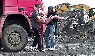Construction site public gangbang with a young pretty girl