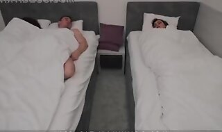 DAY 23 - Horny GF caught step Son fucks hot step Mom in share bed to 3some sex in hotel room